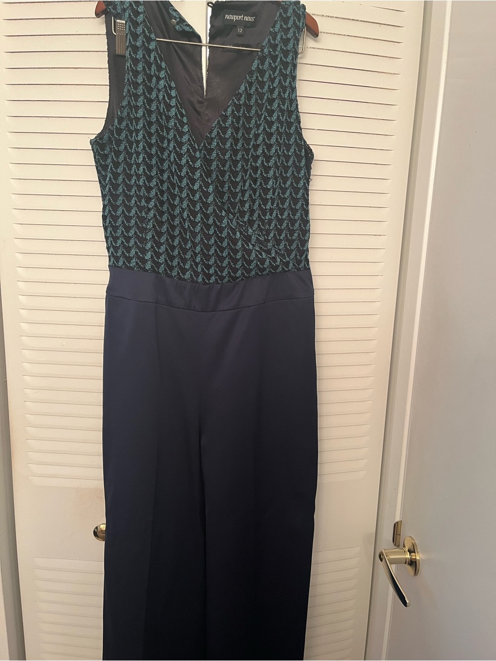 Newport News Navy Jumpsuit with Teal Patterned Bodice